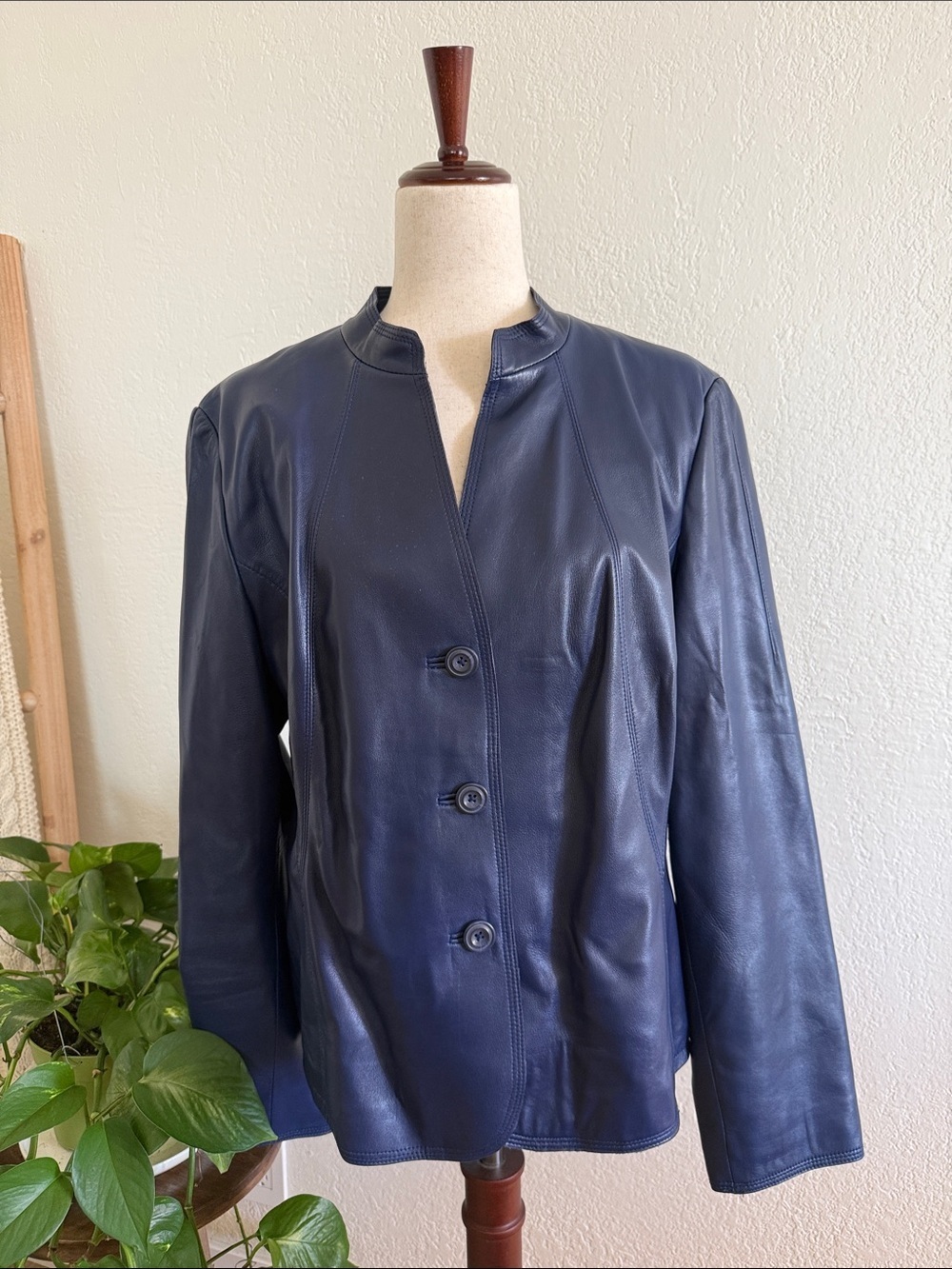 Navy Soft Leather Jacket - Women's Button-Front Coat